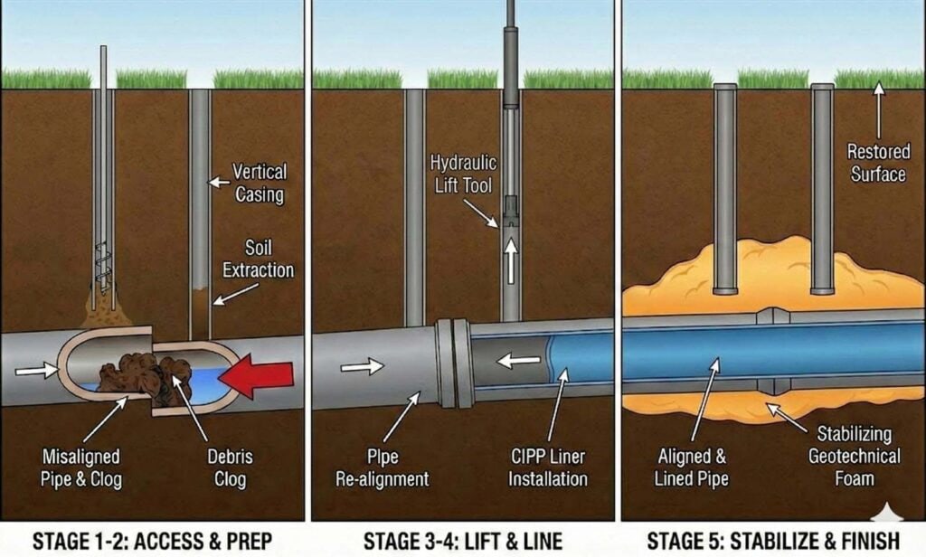Process overview: casing access, soil extraction, pipe lift/re-alignment, CIPP lining, and void stabilization.